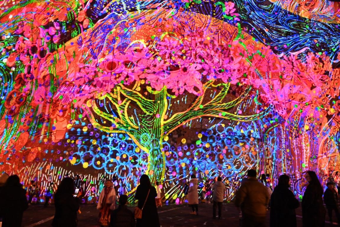 Pertunjukan cahaya diadakan di Institut Seni Halus Sichuan kampus Huxi di daerah Shapingba, Chongqing, barat daya China pada 31 Disember 2024. (Foto oleh Sun Kaifang)