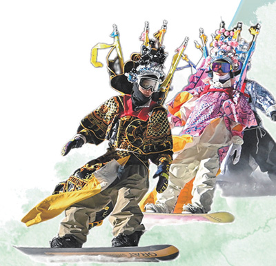 Peminat ski yang berbusana kostum Opera Peking bermain ski di Peranginan Tasik Songhua di Provinsi Jilin. (Xinhua/Zhang Nan)