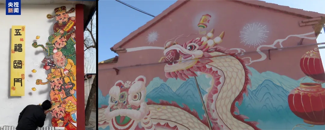 Gambar gabungan ini memaparkan mural yang menampikan Tuhan Kekayaan dan naga-naga yang dihasilkan Shen Jingyu. (Foto oleh CCTV News)