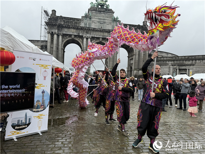 Sekumpulan penari naga sedang membuat persembahan di pesta kuil sempena meraikan Festival Musim Bunga di Taman Cinquantenaire di Brussels, Belgium pada 25 Januari 2025. (People’s Daily Online/Niu Ruifei)