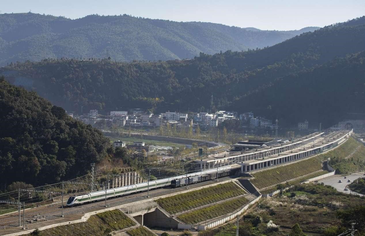 Foto kereta api sedang melalui Rel Kereta Api China-Laos di Yuxi, Provinsi Yunnan pada 17 November 2024. (People’s Daily Online/Zheng Yi)