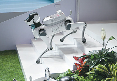 Anjing robotik menunjukkan penghantaran ubat di Ekspo Produk Pengguna Antarabangsa China Kelima, 14 April 2025. (Xinhua/Pu Xiaoxu)