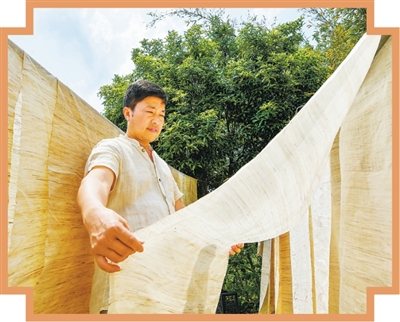 Song Zhixue mengeringkan Xiabu, yang secara harfiahnya bermaksud kain musim panas di kaunti Wanzai, bandar Yichun, Provinsi Jiangxi di timur China. (Foto/Zhou Liang)