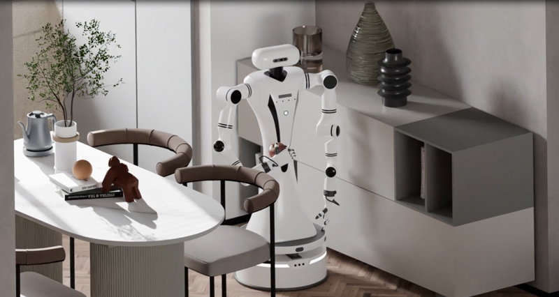 Sebuah robot sedang berlatih untuk menggenggam sebiji epal di ruangan maya. 