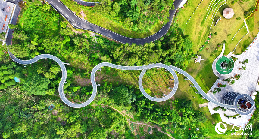 Pengunjung berjalan sambil menikmati pemandangan hutan di “koridor hutan terapung” di kaunti Chongyi, bandar Ganzhou, provinsi Jiangxi. (People’s Daily Online/Zhu Haipeng)