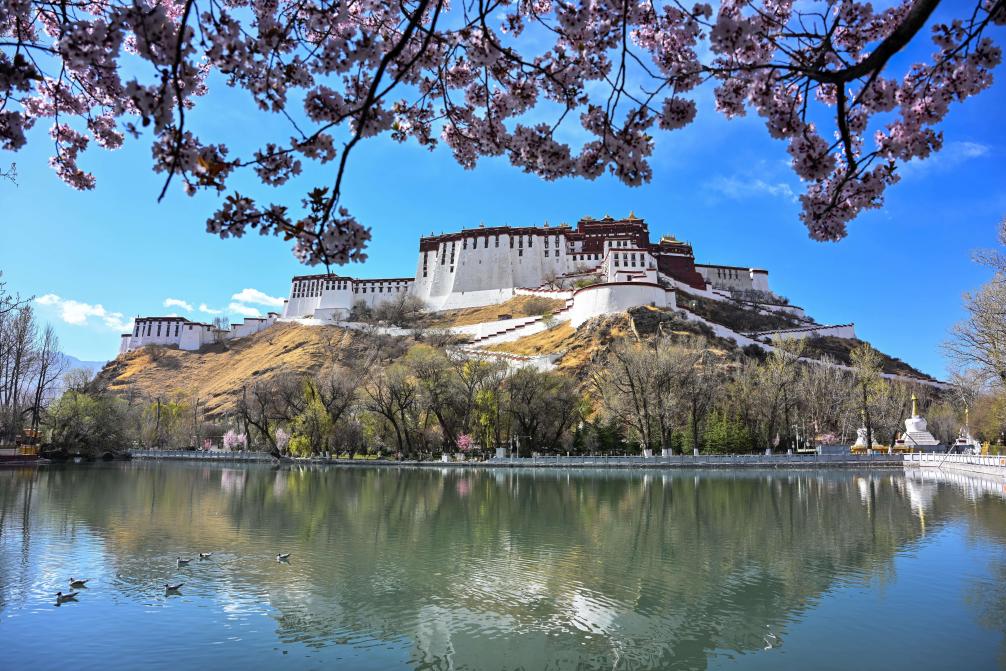 Foto memperlihatkan pemandangan Istana Potala dari Taman Lukhang Dzongyab di Lhasa, Wilayah Autonomi Xizang, di barat daya China. (Foto oleh Urgyen Tsering)