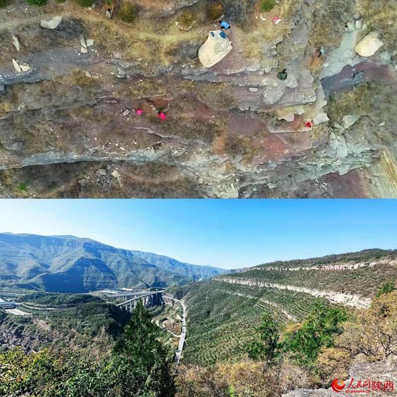 Bahagian atas foto gabungan ini memperlihatkan rupa cenuram tandus di sepanjang Sungai Kuning di kaunti Yichuan, bandar Yan’an, Provinsi Shaanxi, barat laut China, manakala foto di bahagian bawah pula menunjukkan cenuram Sungai Kuning yang hijau dan subur. (People’s Daily Online/Bai Ge)
