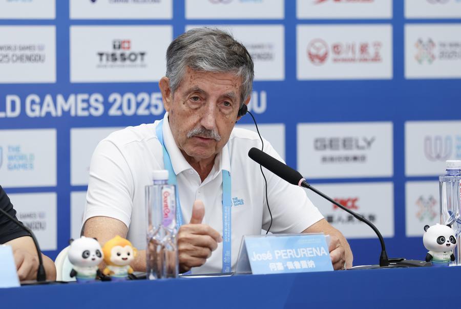 Presiden Persatuan Sukan Dunia Antarabangsa (IWGA), Jose Perurena menghadiri sidang media di Chengdu, Provinsi Sichuan di barat daya China pada 11 Ogos 2025. (Xinhua/Bai Xuefei)