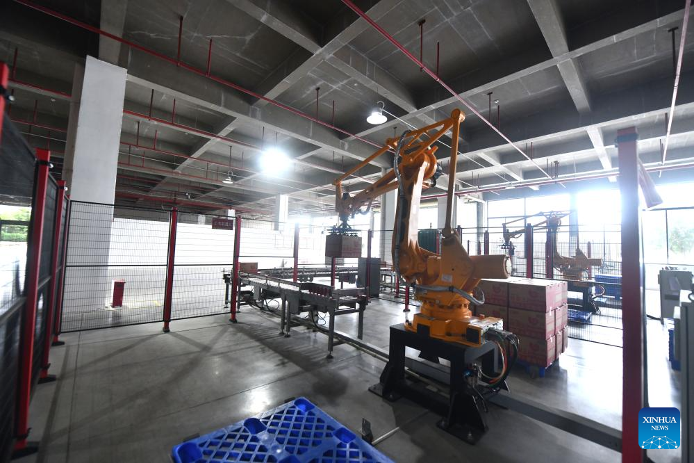 Lengan robotik membungkus Luosifen pra-bungkusan di sebuah gudang di Liuzhou, Wilayah Guangxi pada 9 September 2025. (Xinhua/Huang Xiaobang)