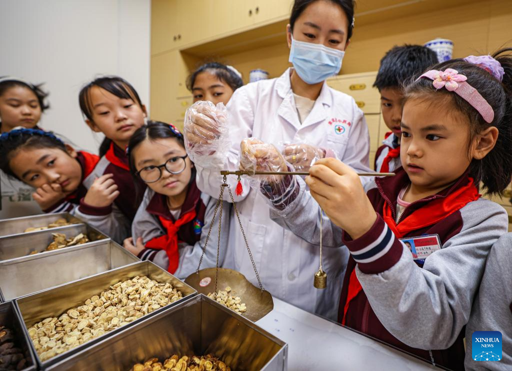 Murid-murid sedang belajar untuk menyukat herba TCM di sebuah hospital di Bandar Rongcheng, Provinsi Shandong, timur China pada 22 Oktober 2025. (Xinhua/Li Xinjun)